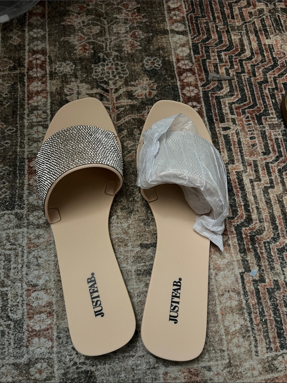 JustFab Nude Slide Sandals with Rhinestone Strap